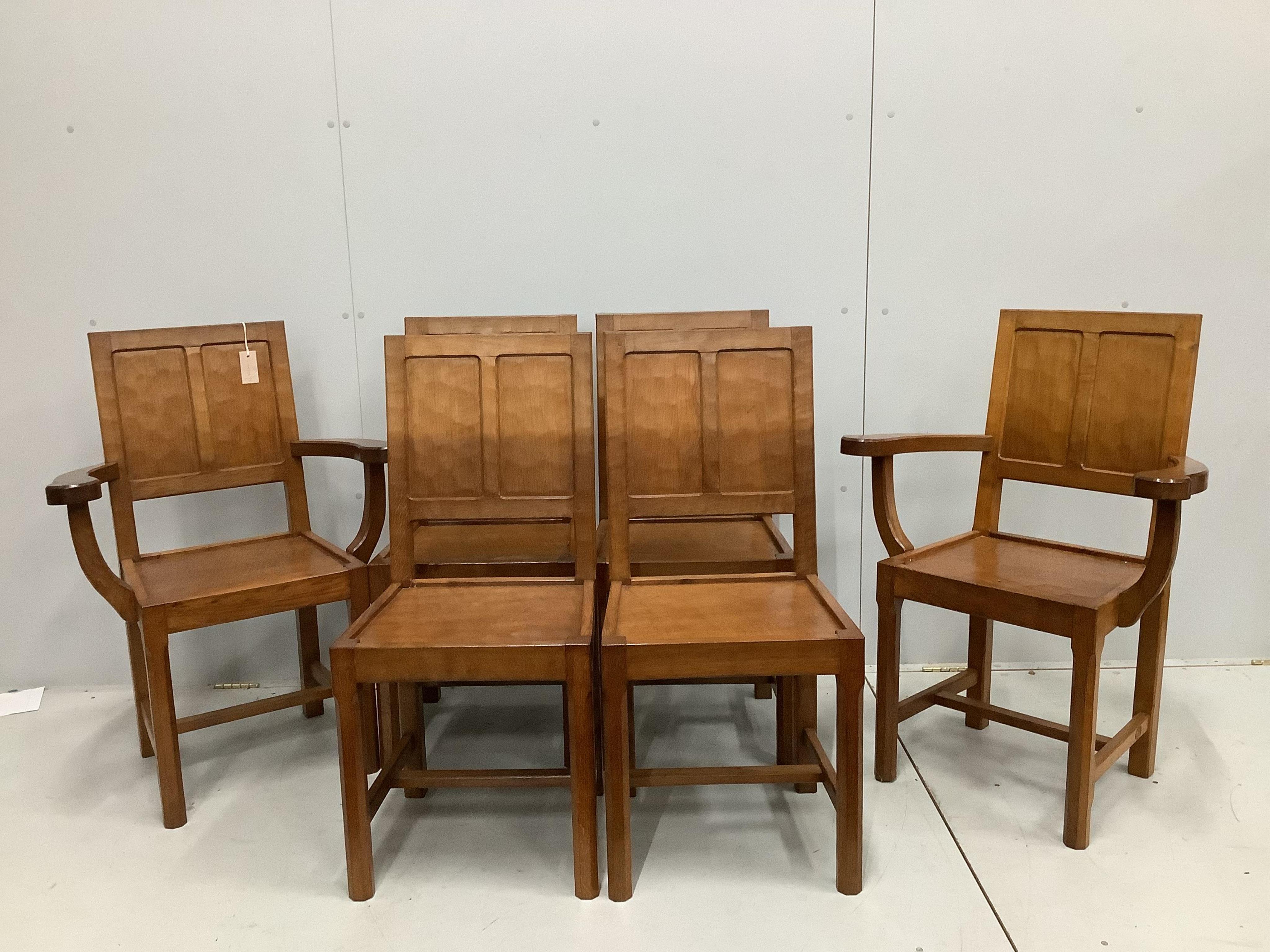 Alan Grainger 'Acorn Man', a set of six adzed oak panelled dining chairs, two with arms, largest width 66cm, depth 42cm, height 91cm. Condition - good